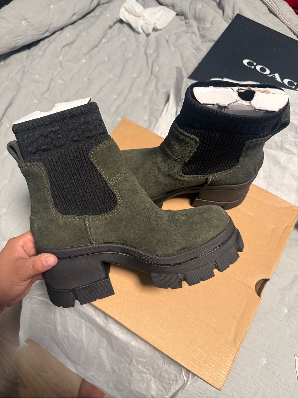 UGG Women's Olive Green Suede Lug-Sole Ankle Boots